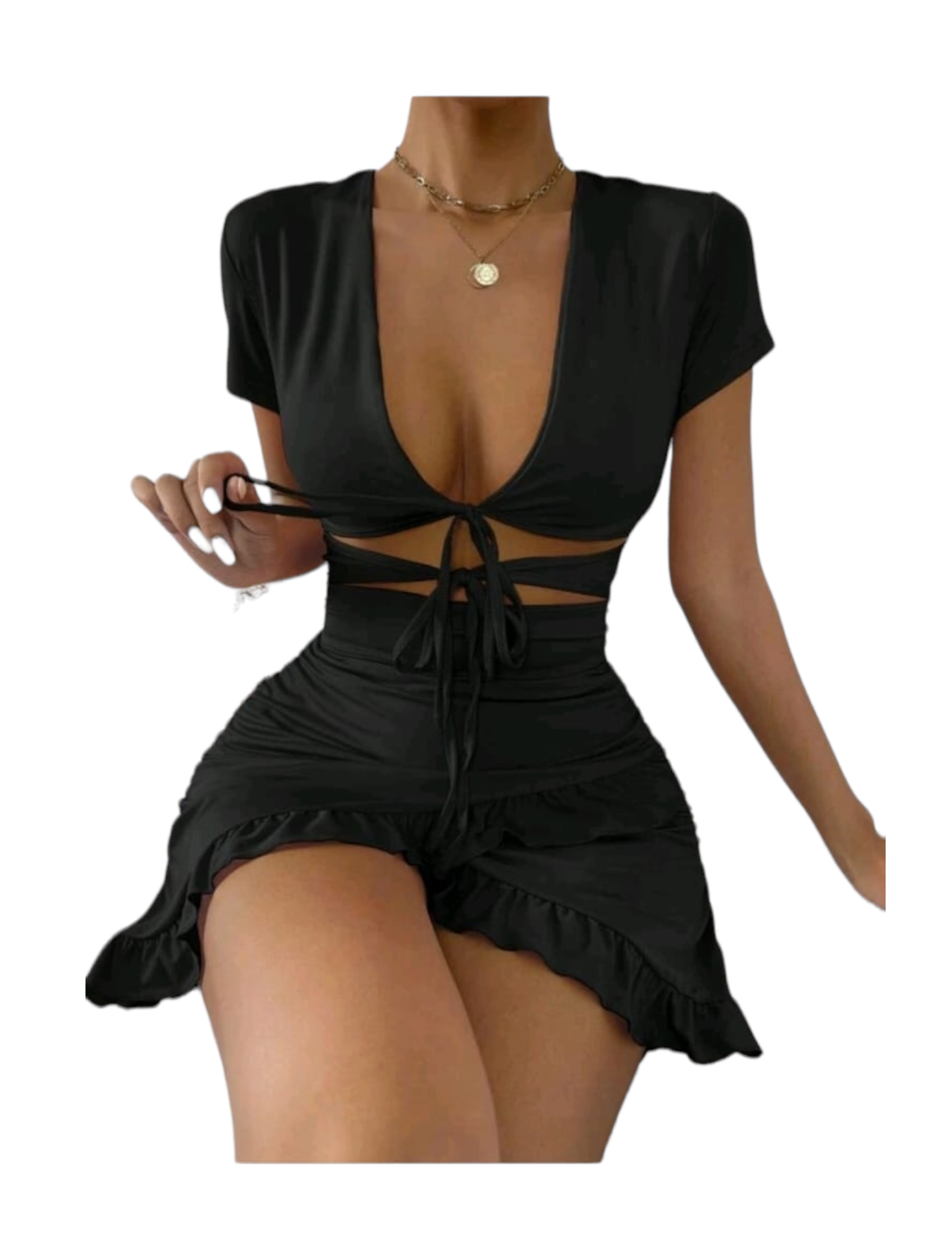 cutout Front Ruffle Trim Wrap hem dress