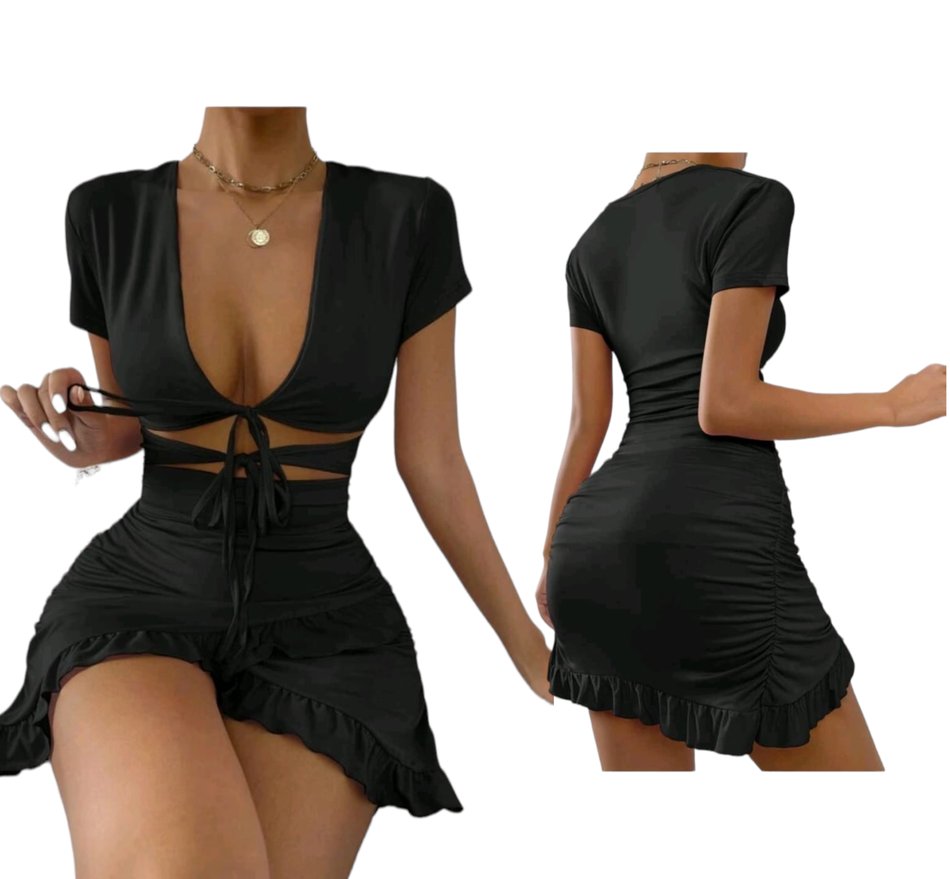 cutout Front Ruffle Trim Wrap hem dress