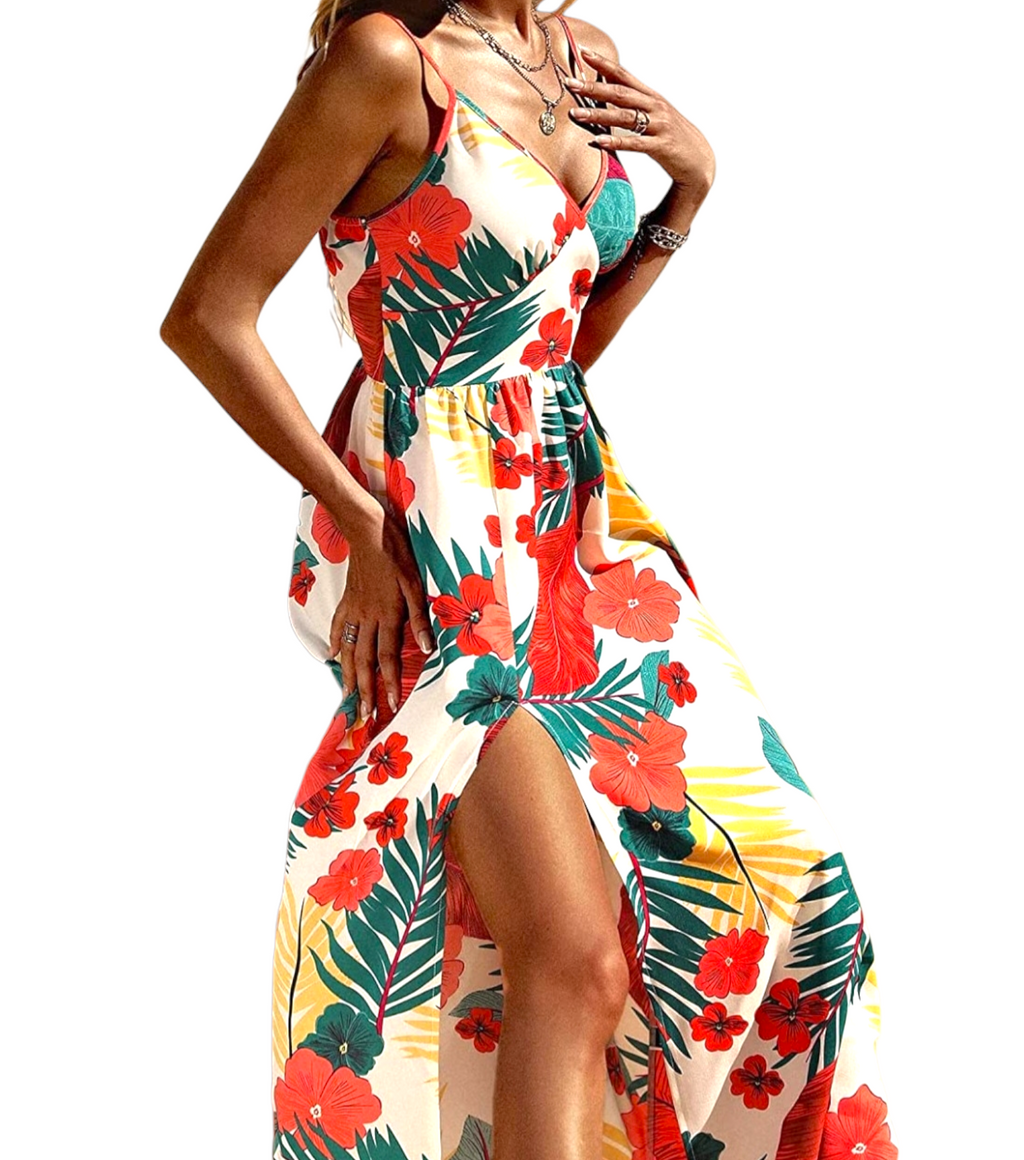 tropical print split thigh cami dress