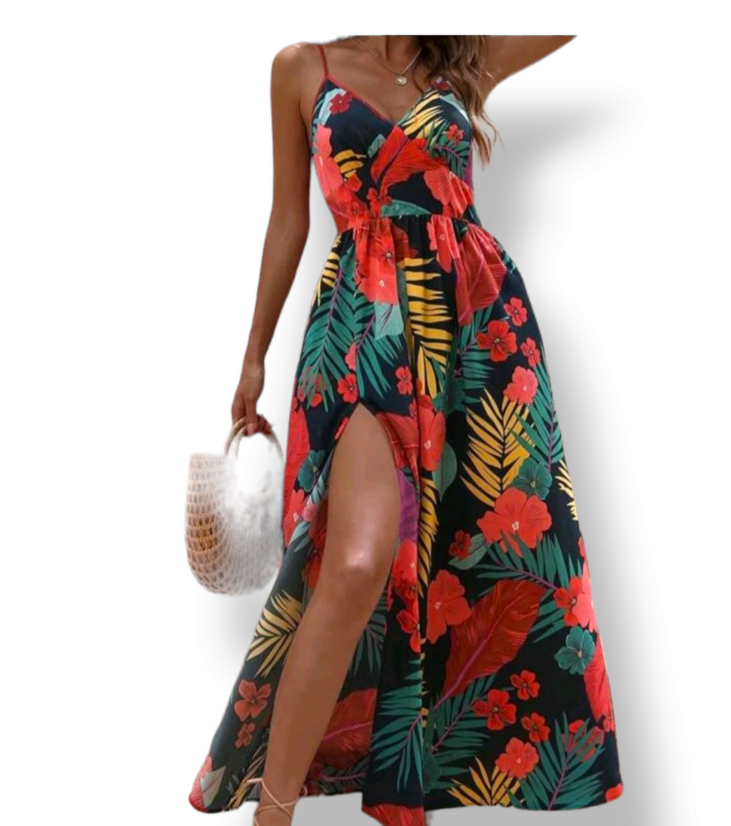 tropical print split thigh cami dress