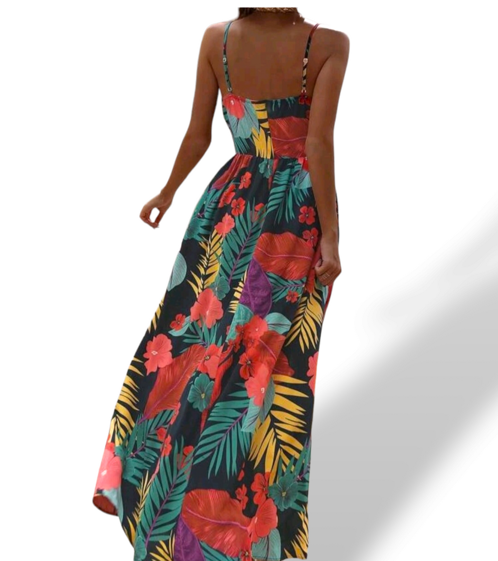 tropical print split thigh cami dress