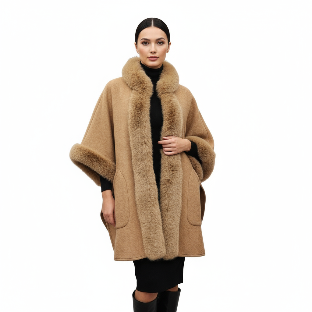 Faux Fox Fur Trim Cardigan Cloak Shawl Wraps Winter Poncho Oversized