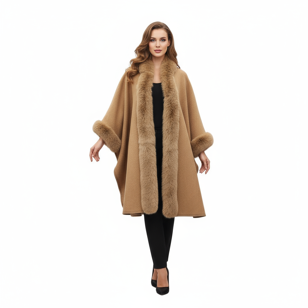 Faux Fox Fur Trim Cardigan Cloak Shawl Wraps Winter Poncho Oversized