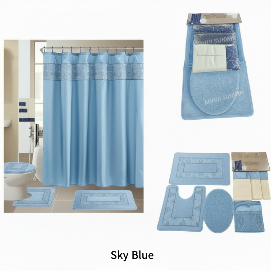 18pcs bathroom washroom set waterproof shower curtain bath set toilet lid cover rug set