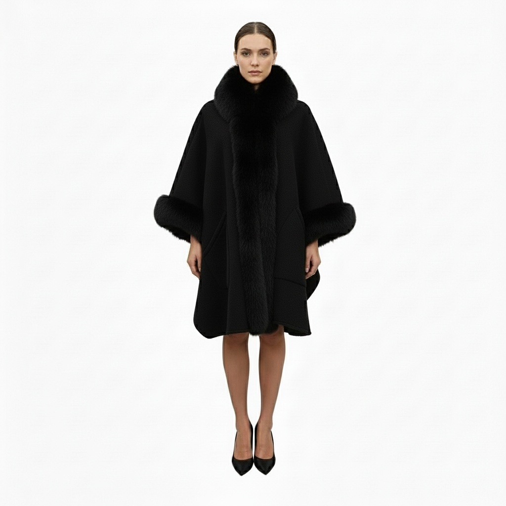 Faux Fox Fur Trim Cardigan Cloak Shawl Wraps Winter Poncho Oversized