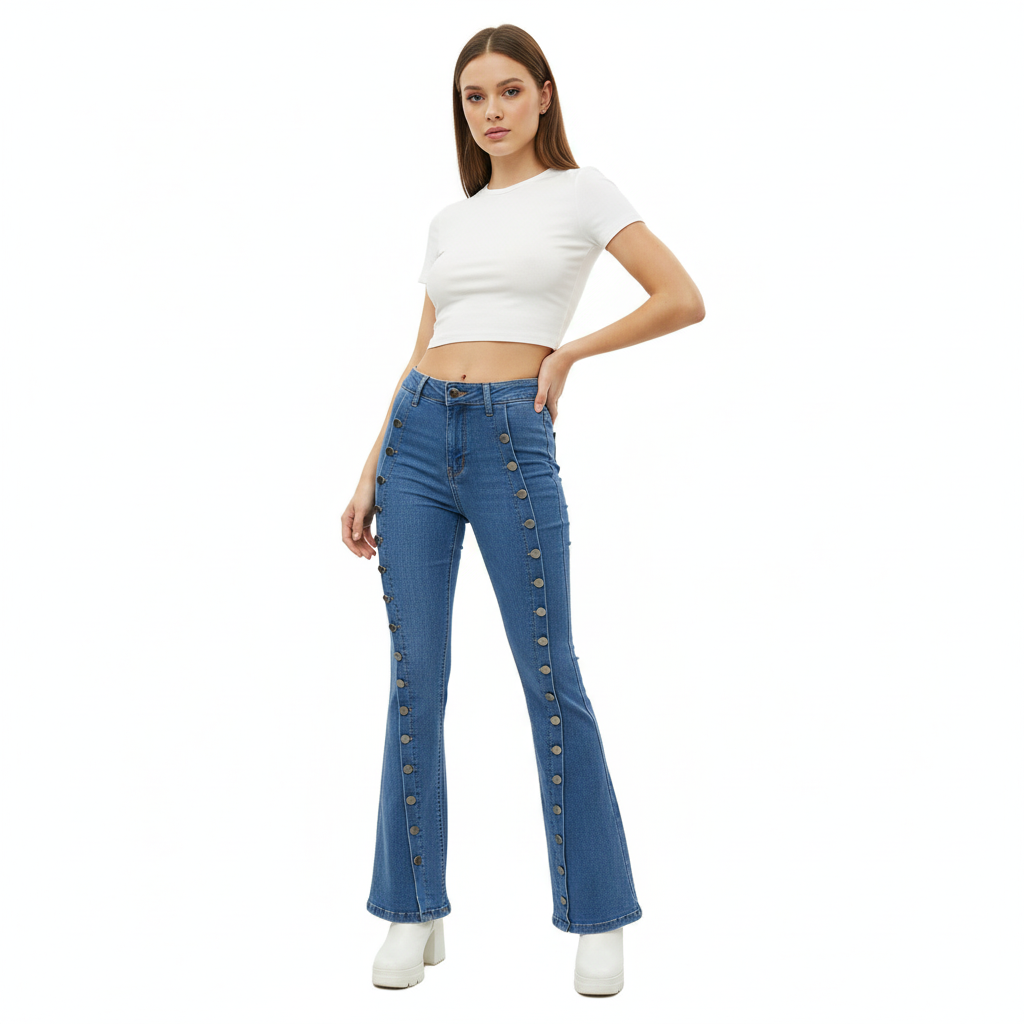 Women's Straight Leg Jeans Stud High Waist Casual Stretch Denim Pants